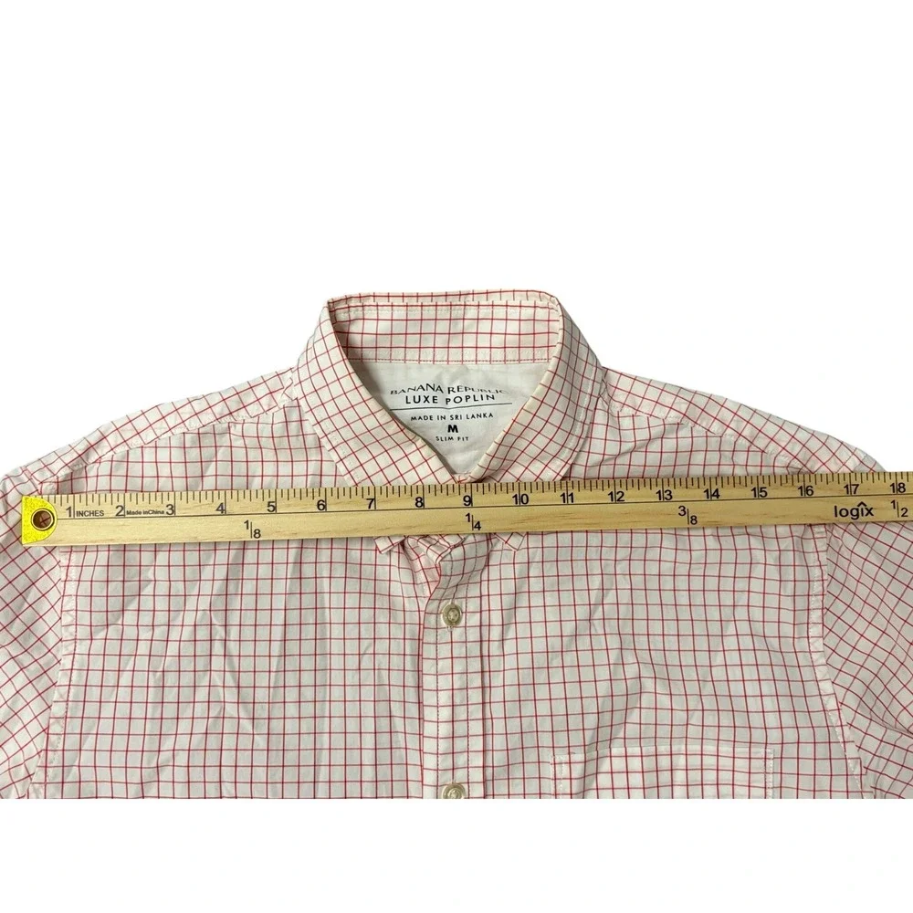 Banana Republic Luxe Poplin Slim Fit Dress Shirt Red White Windowpane Check M